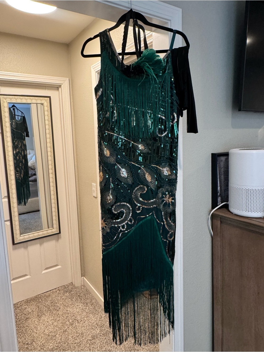 Emerald One-Shoulder Sequin Fringe Evening Dress
